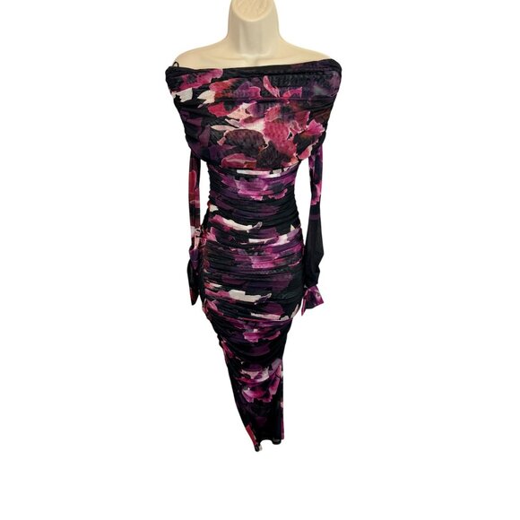 NICHOLAS Oaklyn Off Shoulder Shirred Midi Dress in Blur Floral Magenta - Size 2 - Picture 2 of 6